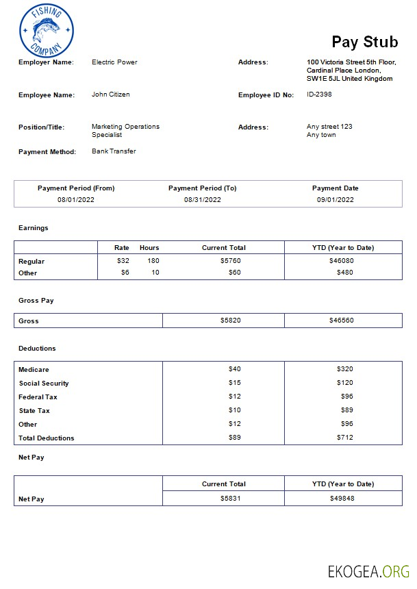 modèle de paie d'une entreprise de pêche aux formats Word et PDF